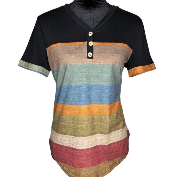 SHEIN Black Short-Sleeved Top with Multi Colored Stripes Size 6 Medium - Picture 1 of 6